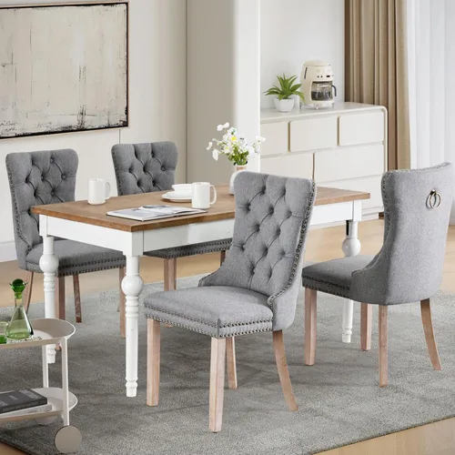 Vista 21 de Juego de 2 sillas de comedor tapizadas de tela de lino, sillas de cocina modernas de mediados de siglo con respaldo alto, ribete de cabeza de clavo
