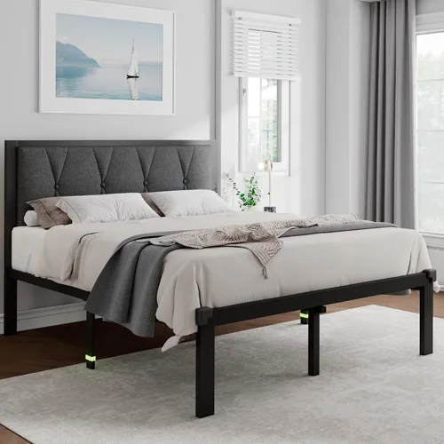 Vista 3 de Feonase Base de cama de metal tamaño Queen con cabecera capitoné con botones de tela, cama de plataforma con listones de metal resistentes, espacio