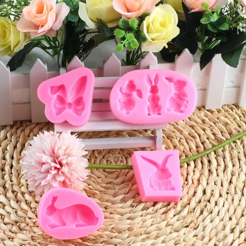 Vista 4 de Mujiang Molde para fondant de conejo, orejas de conejo de Pascua, moldes de silicona para decoración de pasteles, juego de 4