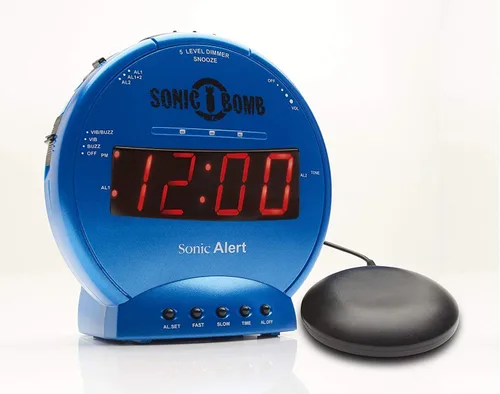 Vista 14 de Sonic Bomb - Reloj despertador doble extra fuerte con vibrador de cama, negro Sonic Alert vibrante, para personas de sueño pesado, batería