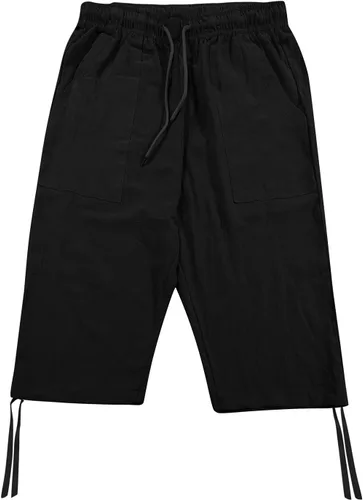 Vista 2 de Pantalones capri de lino para hombre, ligeros, sueltos, 34, pantalones cortos con cordón elástico en la cintura casual, pantalones de yoga