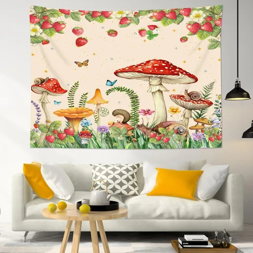 Vista 5 de HVEST Tapiz retro rojo de hongos para colgar en la pared, diseño floral rosa con fresa y mariposa en beige, tapiz para dormitorio, flores, plantas
