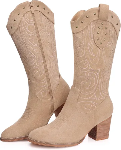 Vista 6 de SHIBEVER Botas vaqueras vaqueras para mujer bota de media pantorrilla con punta occidental con tacón grueso bordado de gamuza