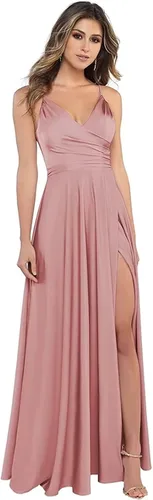 Vista 2 de TANPAUL Vestido de graduación con cuello en V, tirantes delgados, vestido largo formal de satén con abertura en línea A
