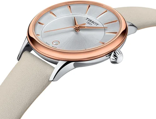 Vista 6 de Tissot Odaci-T 316L - Reloj de cuarzo suizo con revestimiento dorado de PVD, color crema, cuero, 15 (T1332102603100), Crema, Reloj de cuarzo
