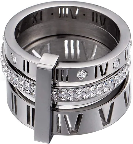 Vista 2 de Anillo de acero inoxidable con circonita cúbica y número romano para mujer, 3 en 1, anillos de boda Trinity