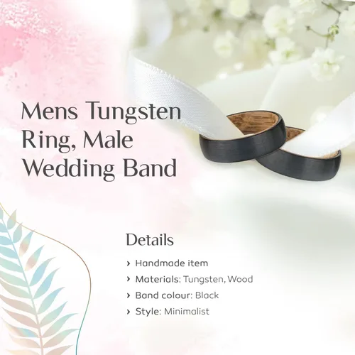 Vista 4 de Anillo de boda de tungsteno con barril de whisky, anillo de madera de tungsteno para boda, anillo minimalista de compromiso para parejas, anillo