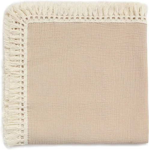 Vista 14 de Manta de muselina de algodón insular para bebé con borla, manta de muselina boho bohemia para bebé con borla, manta de recepción para bebé