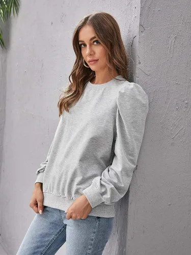 Vista 3 de Romwe Sudadera casual de manga larga abombada con cuello redondo para mujer
