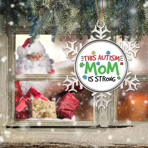 Vista 6 de Esta mamá con autismo es adornos de Navidad, concienciación sobre el autismo, regalos de recuerdo de Navidad, copo de nieve de metal, decoración