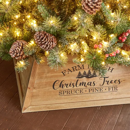 Vista 7 de Glitzhome Collar de Árbol Trapezoidal de Madera Natural de 26" L, Cubierta Rústica para Base de Árboles de Navidad, Anillo de Árbol Fresco