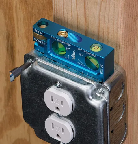 Vista 9 de Nivel Eléctrico IDEAL 35-206 Nivel de Electricista de Aluminio CNC Mecanizado con 2 Viales de Acrílico, Mordaza Magnética, Enrollador de Pulgar, Azul