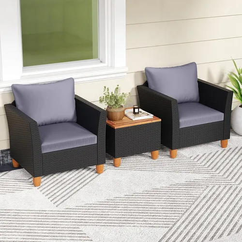 Vista 9 de COSTWAY Juego de muebles de ratán de 3 piezas, juego de sillas de mimbre para exteriores con mesa de centro de madera de acacia y cojín lavable