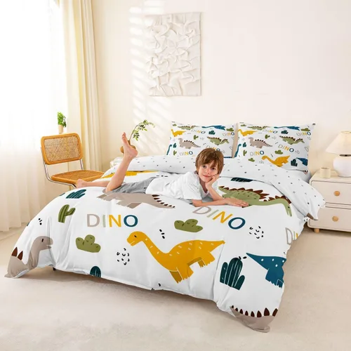 Vista 4 de Lindo juego de ropa de cama con dinosaurios, juego de funda de edredón con dibujos animados de cactus, funda de edredón decorativa, funda de edredón