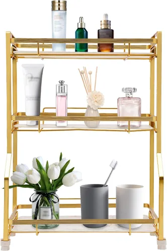 Vista 4 de Organizador de mostrador de baño de 3 niveles, organizador de perfume dorado de acero inoxidable, organizador de maquillaje, estante