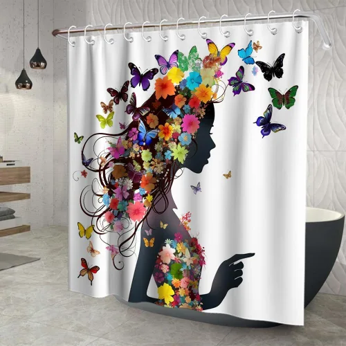 Vista 3 de Cortina de ducha de tela para bañeras de baño con diseño floral de mujer, con 12 ganchos, 72 x 72 pulgadas, poliéster, lavable a máquina, rosa