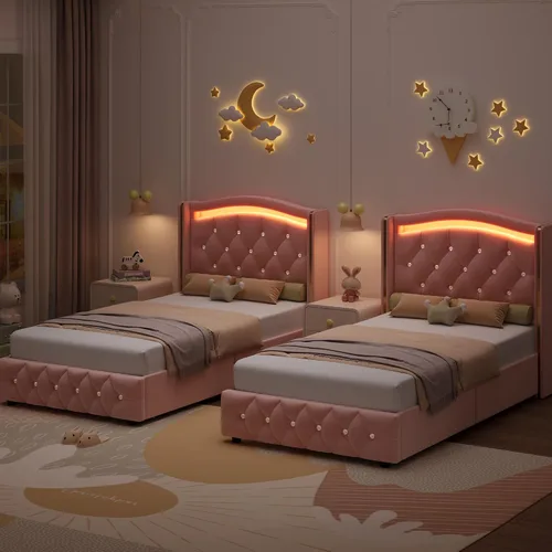 Vista 7 de Hifit Base de cama LED, tamaño individual, cabecera capitoné con botones de cristal, 4 cajones, moderna, piel sintética, de princesa, para niñas,