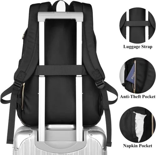 Vista 6 de YAMTION Mochila para laptop para mujer, mochila USB para negocios, trabajo, oficina, universidad, estudiantes, profesoras, color negro, 17.3 pulgadas