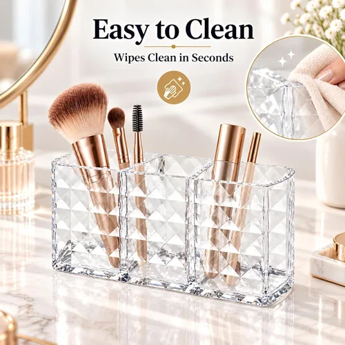 Vista 8 de MOSIKER Soporte para brochas de maquillaje para tocador, acrílico transparente, pequeño, compacto, delineador de labios, delineador de labios