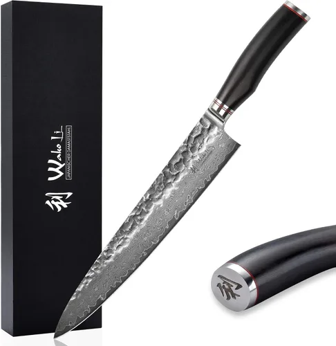 Vista 13 de Wakoli EBO BBQ Hamokiri - Cuchillo de carnicero de damasco de 7.9 pulgadas Acero con núcleo VG10 de 67 capas Mango de madera de roble oscuro