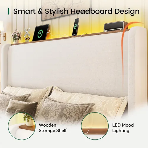 Vista 5 de Base de cama tamaño Queen con luces LED y estación de carga, base de cama de plataforma tapizada de lino con cabecera de 51.2 pulgadas de alto tipo