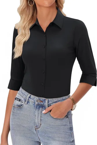 Vista 8 de siliteelon Camisas con botones para mujer, manga 3/4, elástica, ajustada, sin arrugas, cuello para negocios, trabajo, tops
