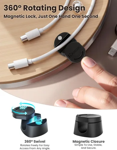 Vista 2 de Kanemc Clips de cable para escritorio, organizador magnético de alambre giratorio de 360°, gestión de cables autoadhesivos para escritorios