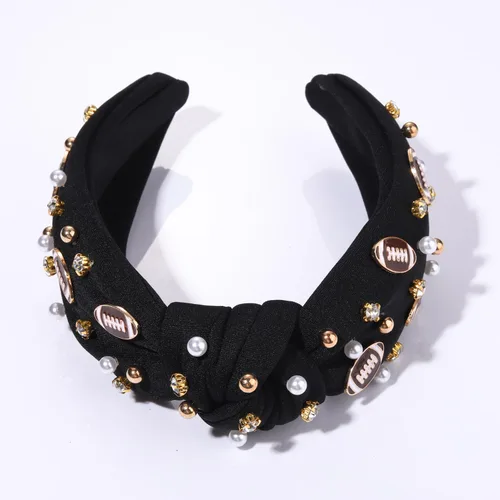 Vista 5 de Diadema de fútbol para mamá, accesorios de perlas con diamantes de imitación anudados, banda ancha para el pelo negra, diadema de nudo superior
