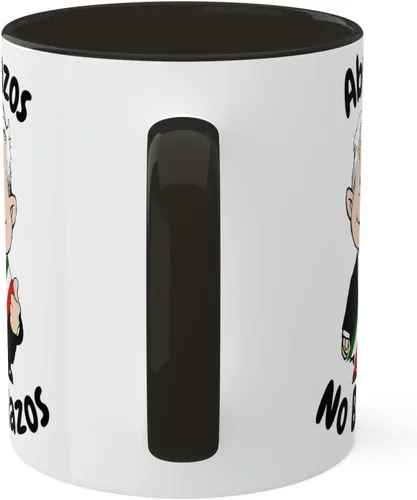 Vista 7 de MEXICANDOO AMLO - Taza de café Abrazos No Balazos con diseño de dibujos animados divertidos Muñeco AMLITO, taza de cerámica blanca brillante