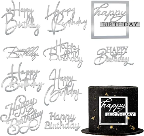 Vista 7 de 10 adornos acrílicos negros de feliz cumpleaños para tartas, 10 estilos