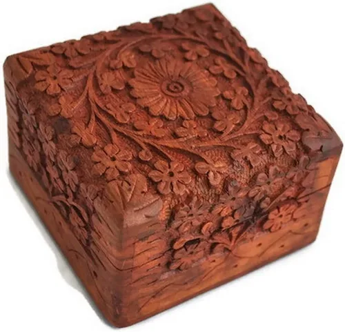 Vista 2 de Figo Inc Joyero de palisandro tallado a mano con estilo tradicional artesanal único (tamaño 4 pulgadas)