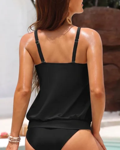 Vista 2 de Yonique Top Tankini Blouson para Mujer Sin Parte Inferior Top de Natación de Ajuste Holgado Top Tankini Modesto Negro