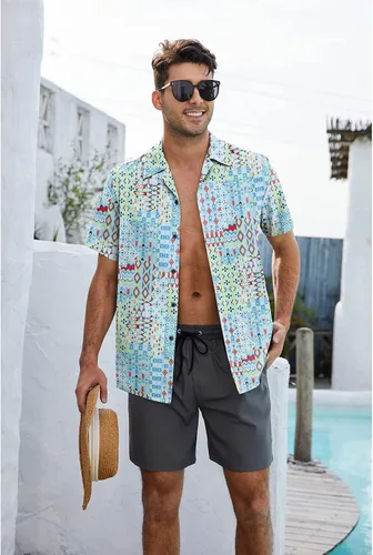 Vista 2 de Camisa hawaiana para hombre, con estampado floral, cómoda, con botones, casual, manga corta, ropa de playa para hombre