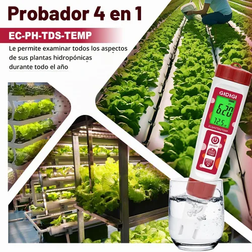 Vista 2 de Medidor de pH para agua, 4 en 1 EC PPM Temp pH probador