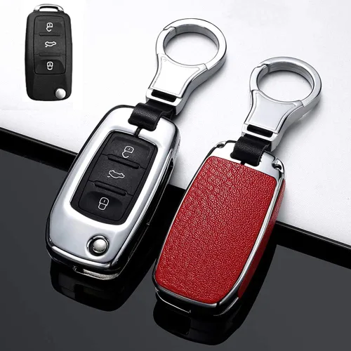 Vista 13 de SANRILY 1 unids Flip Key Fob Funda para Volkswagen Jetta Passat Golf Beetle GTI Tiguan EOS Keyless Remote Metal Cuero Key Protector Shell con Rojo