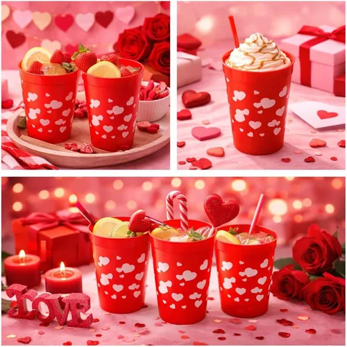 Vista 2 de 4E's Novelty Vasos reutilizables de plástico para el día de San Valentín para niños, 8 onzas, paquete de 12, vasos rojos con corazones, suministros