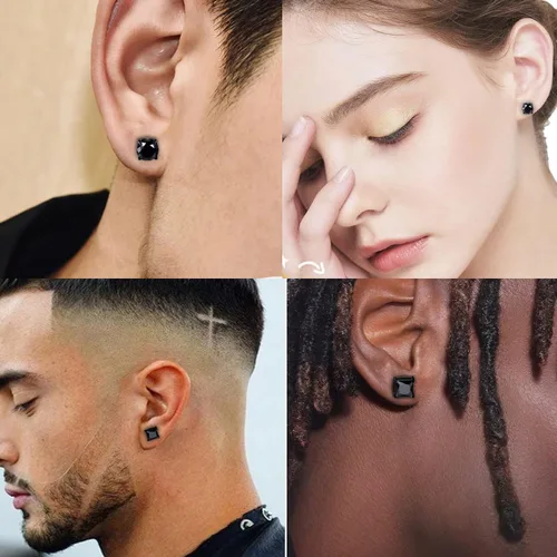 Vista 6 de YCL&TXL 6 pares de aretes de acero inoxidable hipoalergénicos para hombre, aretes falsos redondos cuadrados de circonita cúbica magnética