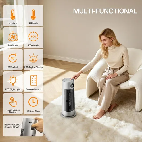 Vista 8 de Calentadores de espacio para uso en interiores, calentador eléctrico portátil con luz nocturna, calentador de cerámica PTC de 1500 W con 4 modos