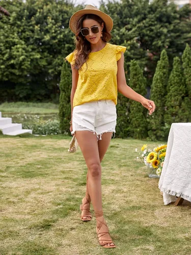 Vista 5 de Romwe Blusa de algodón sin mangas con cuello de volantes bordados con botones para mujer