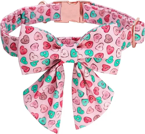 Vista 13 de Maca Bates - Collar de perro para el día de San Valentín con lazo elegante para perros extra pequeños, patrón de corazones rosados, ajustable