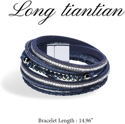 Vista 7 de Long tiantian Pulsera de cuero negro estilo bohemio para mujer, pulseras apilables de moda, pulseras multicapas, pulsera de cuero con perlas