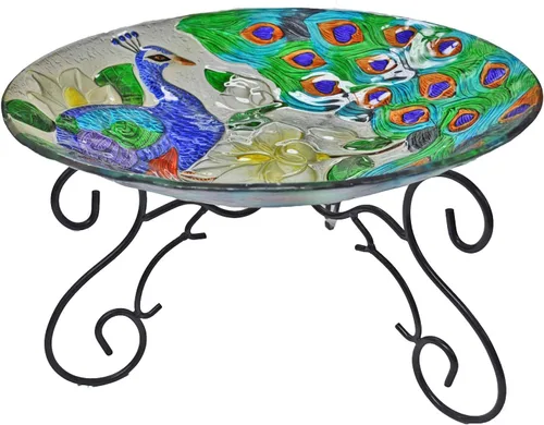 Vista 2 de CAC2609500 - Plato de vidrio pintado a mano profundo, 18 x 3 pulgadas, pavo real