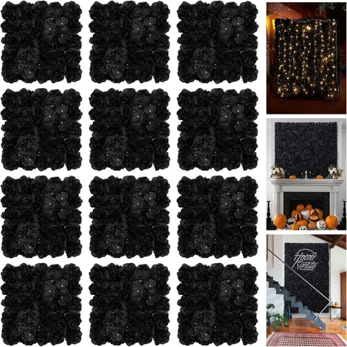 Vista 11 de Telón de fondo de pared de flores, 12 piezas de 16.5 x 16.5 pulgadas, panel de pared floral de rosa de seda artificial, decoración de pared ideal