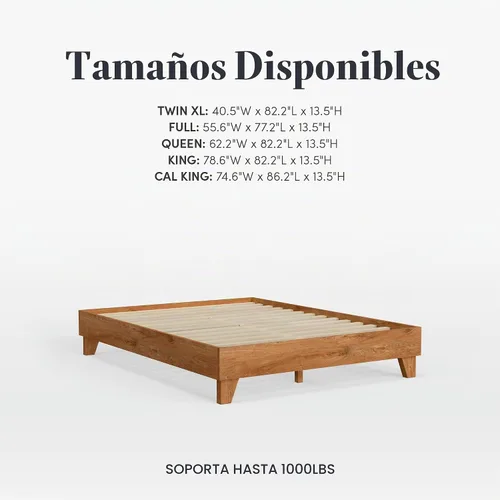 Vista 7 de Base de cama, fabricada en EE. UU. con 100% madera de pino norteamericano, base sólida para colchón con tablillas de pino prensado, instalación sin