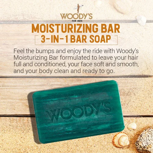 Vista 2 de Woody's Barra hidratante 3 en 1 para hombres, para cabello, afeitado y cuerpo, jabón en barra de masaje multiusos, masaje suave, añade humedad