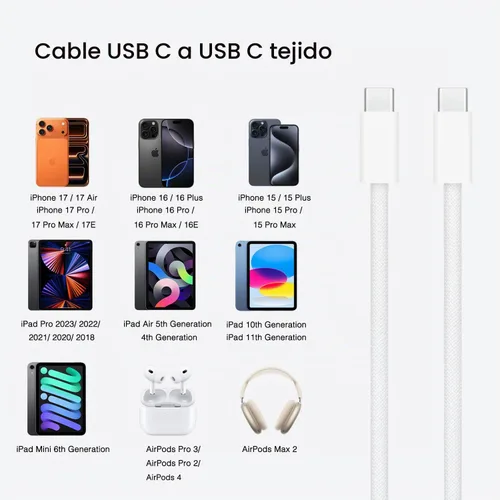 Vista 3 de Cargador Airpods Pro de 2ª/3ª generación, cable de carga USB-C Airpods 4 de 20 W, cable tejido USB C a USB C para AirPod Pro 3 (2025), auriculares