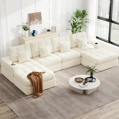 Vista 13 de Sofá modular sin hueso de nube de 112 pulgadas en forma de L, moderno sofá modular con cojín en capas, sofás de pana convertibles sin montaje