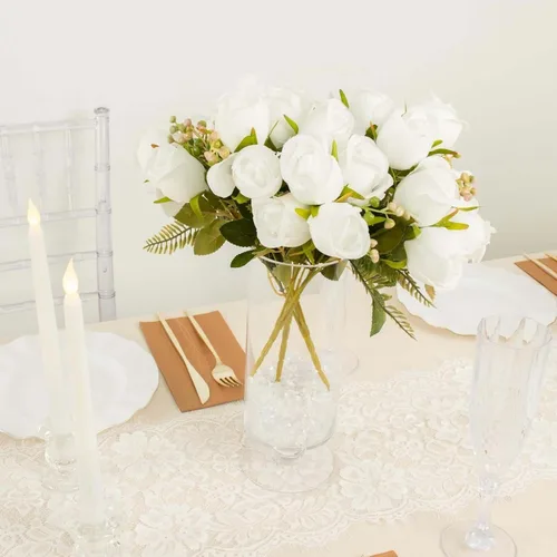 Vista 9 de Efavormart - Paquete de 3 ramos de rosas artificiales de tacto real burdeos de 13 pulgadas, arreglos florales de seda Borgoña