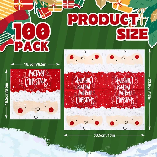 Vista 2 de Whaline Paquete de 100 servilletas de papel con diseño de Papá Noel, servilletas desechables rojas y blancas para el almuerzo, servilletas