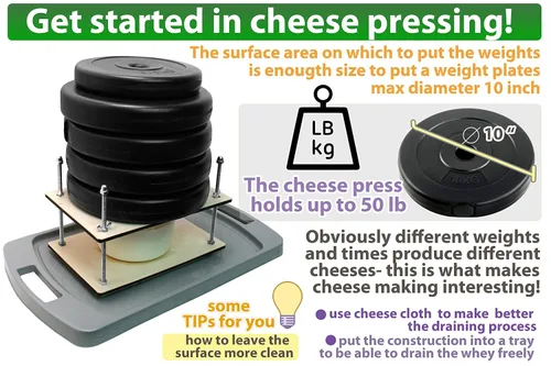Vista 2 de PetriStor Prensa de queso de madera para suministros de fabricación de queso, guías de metal de 12 pulgadas y molde de queso con pistón seguidor